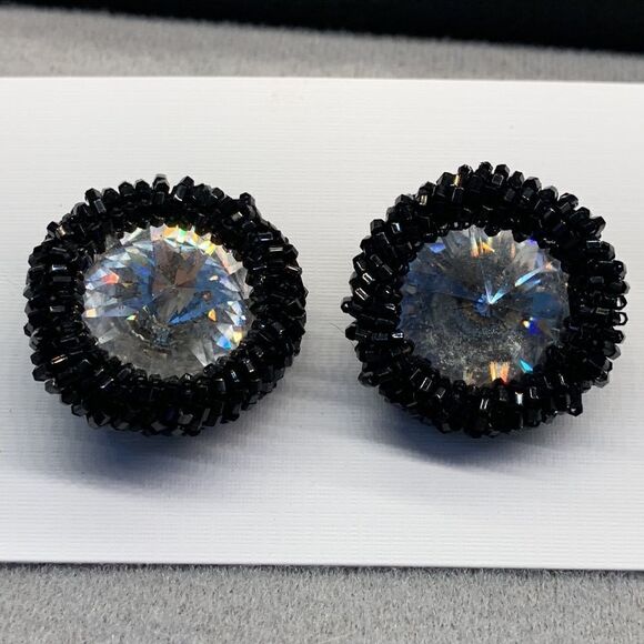 Vintage Swarovski Crystal Rivoli with black glass beaded earrings pierced art… - Picture 4 of 5